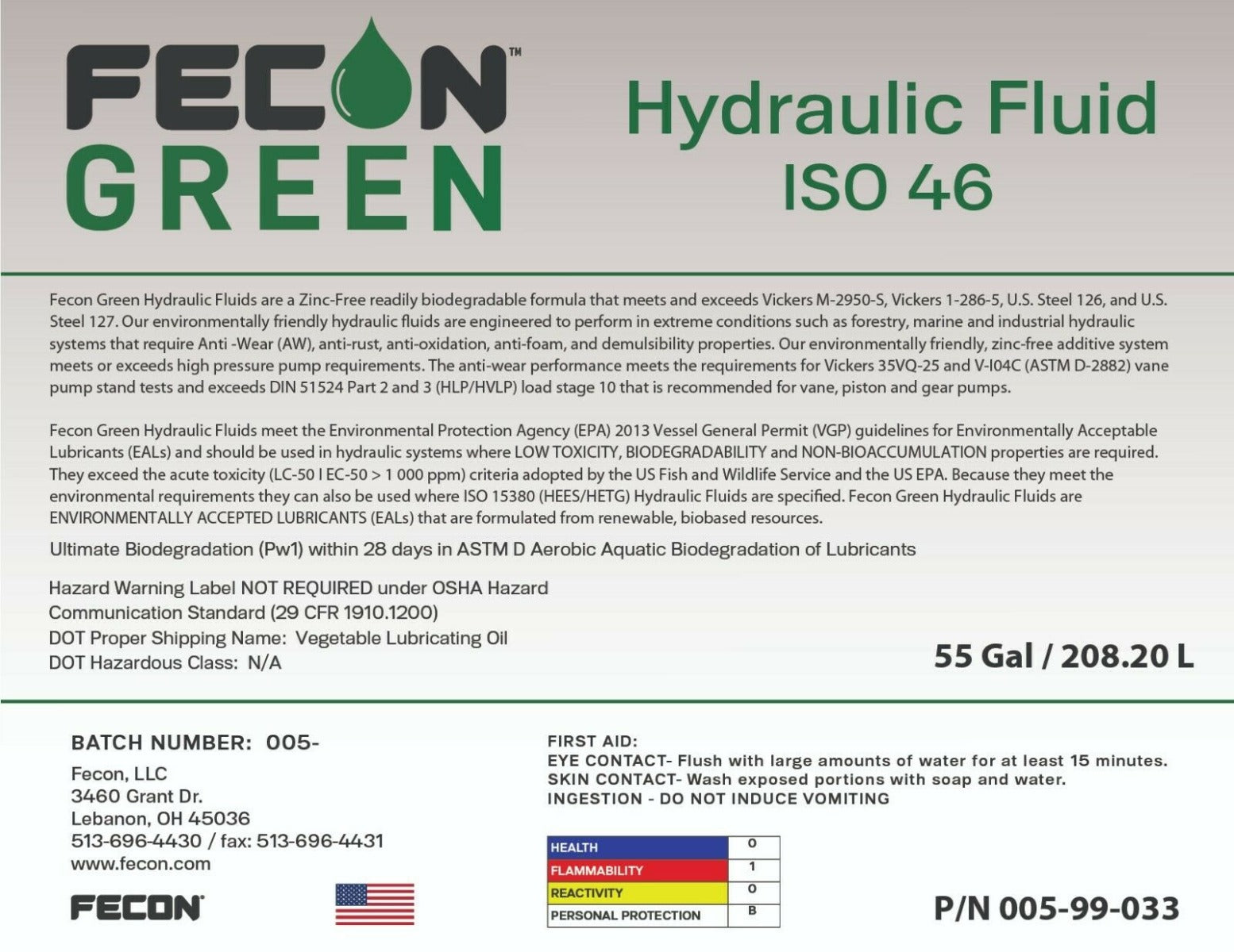 BIO-HYDRAULIC FLUID ISO46 - 55 GAL DRUM