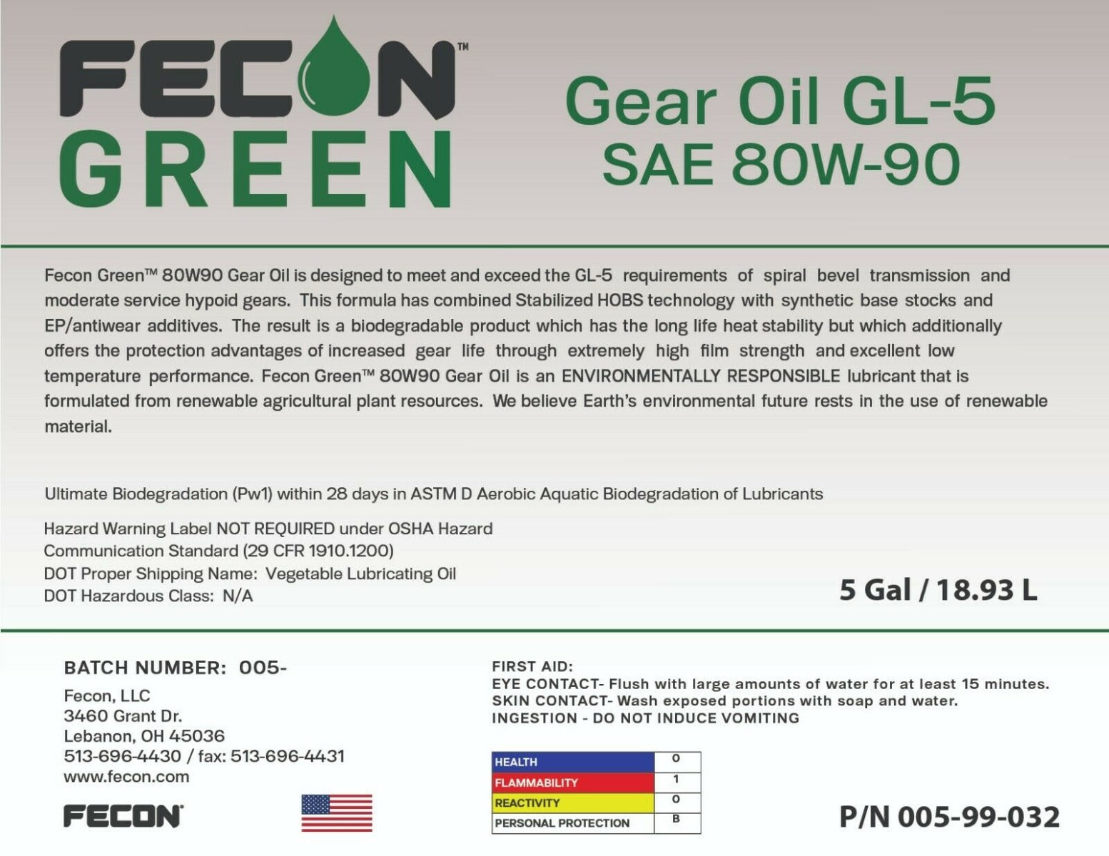 grant green gear BIO-GEAR OIL SAE 80W90