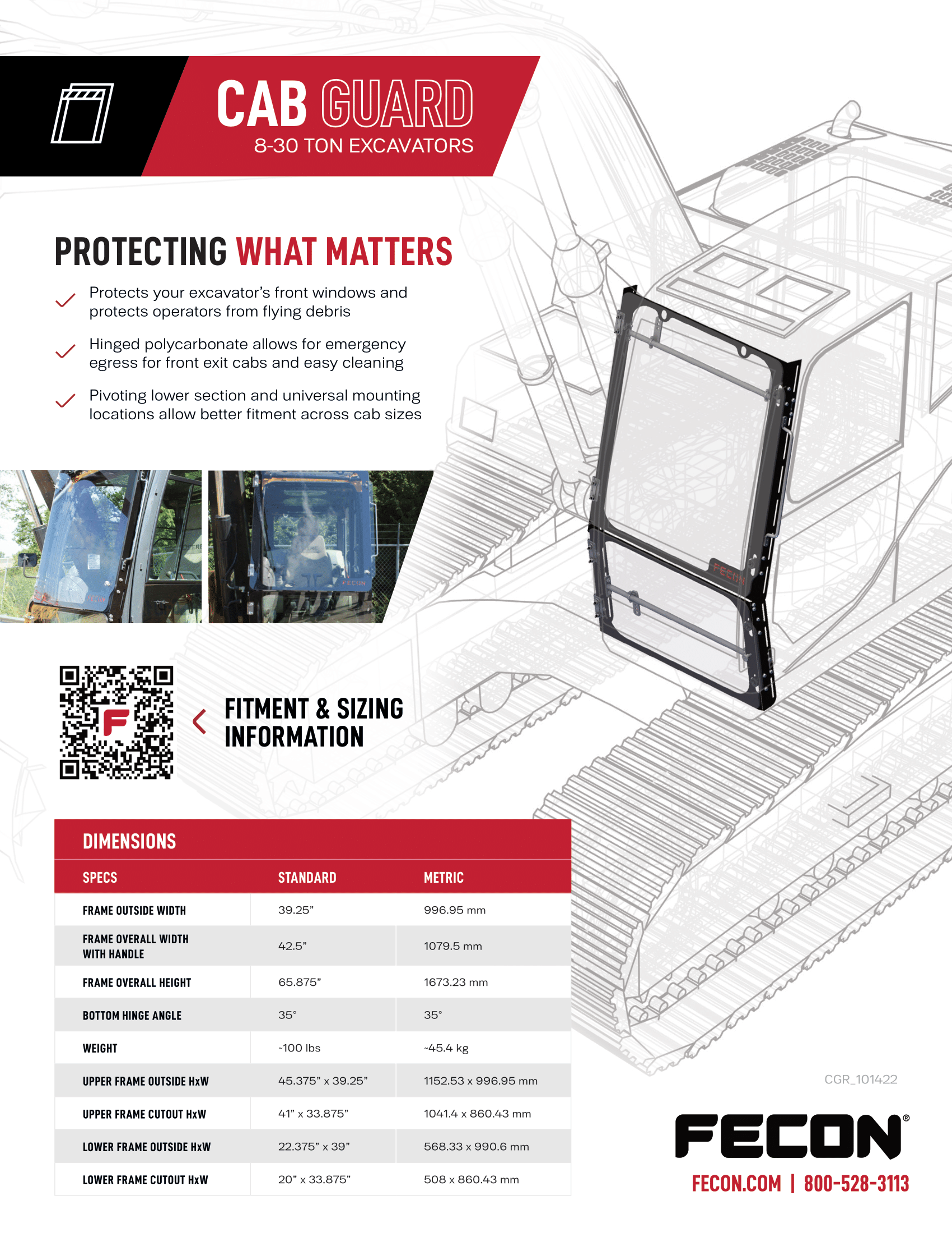 Excavator Cab Guard by Fecon, Universal Fit (Fits most 8-30 ton excavators)